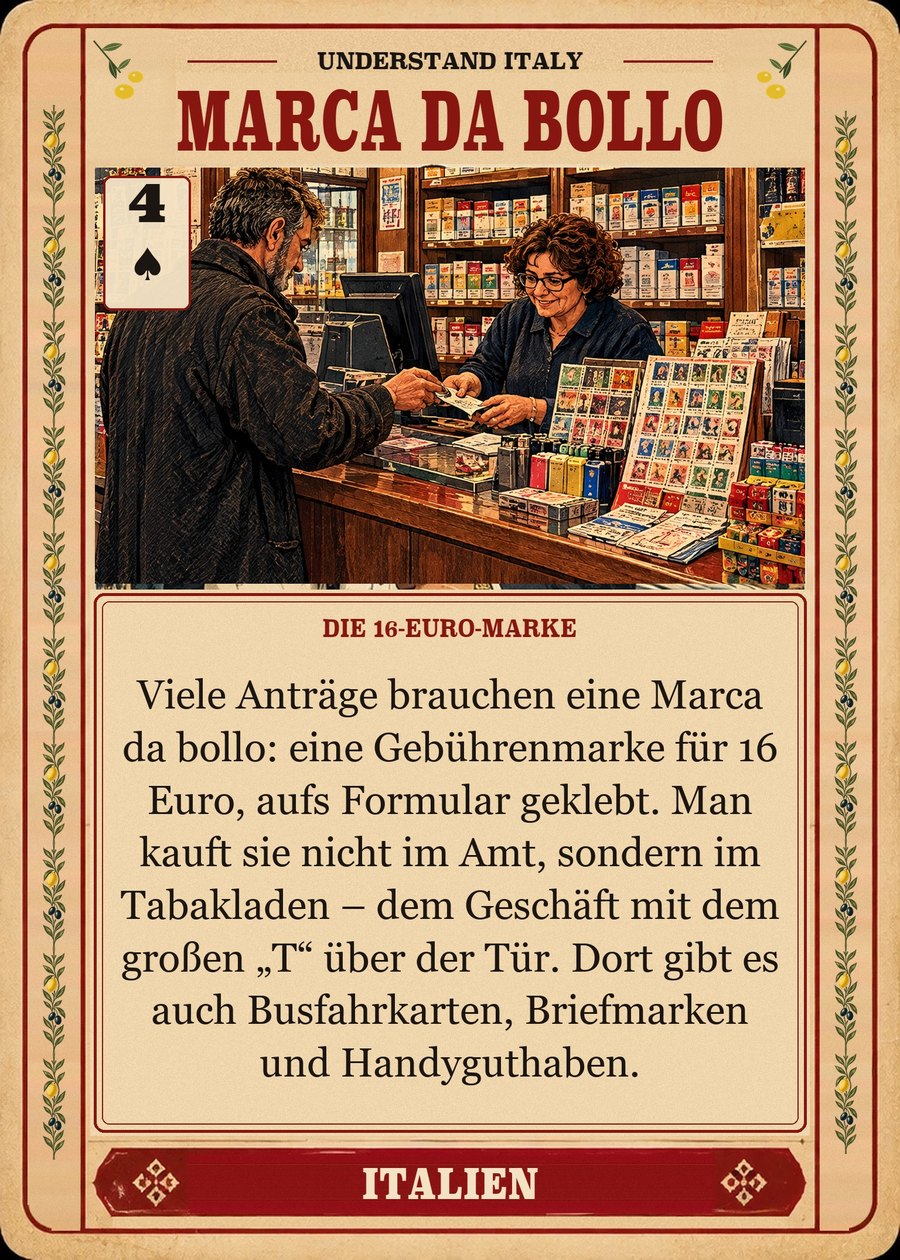 MARCA DA BOLLO — die 16-Euro-Marke. Viele Anträge brauchen eine Marca da bollo: eine Gebührenmarke für 16 Euro, aufs Formular geklebt. Man kauft sie nicht im Amt, sondern im Tabakladen – dem Geschäft mit dem großen „T“ über der Tür. Dort gibt es auch Busfahrkarten, Briefmarken und Handyguthaben.