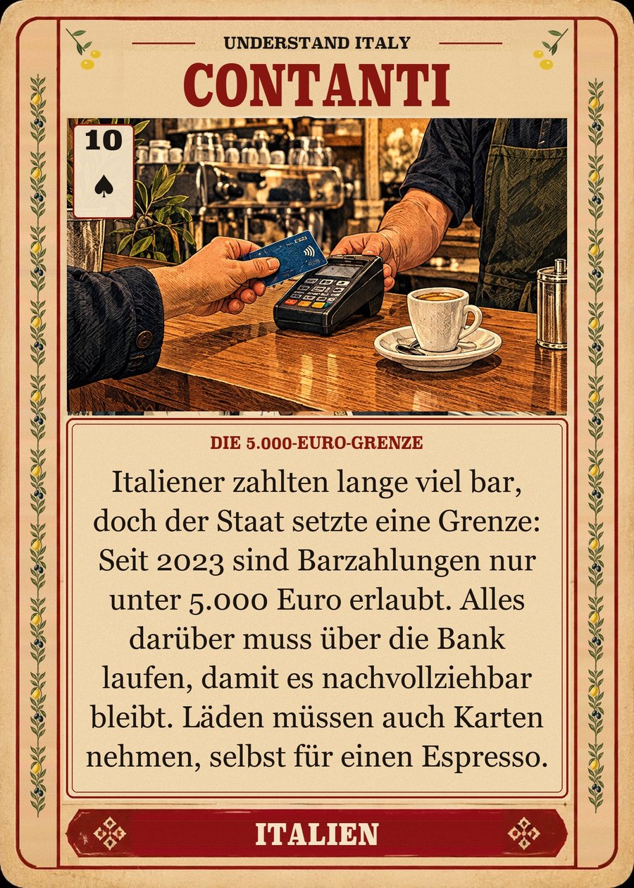 CONTANTI — die 5.000-Euro-Grenze. Italiener zahlten lange viel bar, doch der Staat setzte eine Grenze: Seit 2023 sind Barzahlungen nur unter 5.000 Euro erlaubt. Alles darüber muss über die Bank laufen, damit es nachvollziehbar bleibt. Läden müssen auch Karten nehmen, selbst für einen Espresso.