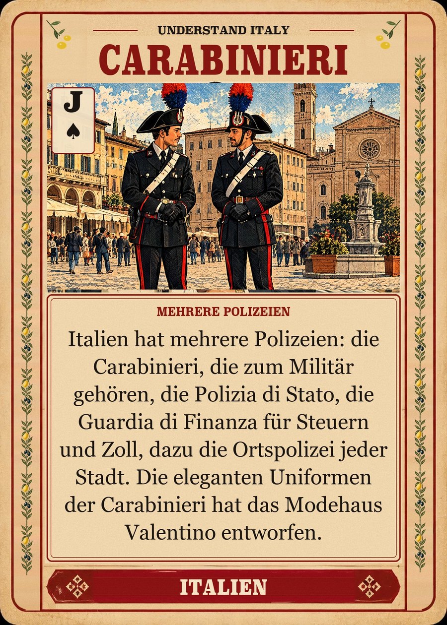 CARABINIERI — mehrere Polizeien. Italien hat mehrere Polizeien: die Carabinieri, die zum Militär gehören, die Polizia di Stato, die Guardia di Finanza für Steuern und Zoll, dazu die Ortspolizei jeder Stadt. Die eleganten Uniformen der Carabinieri hat das Modehaus Valentino entworfen.