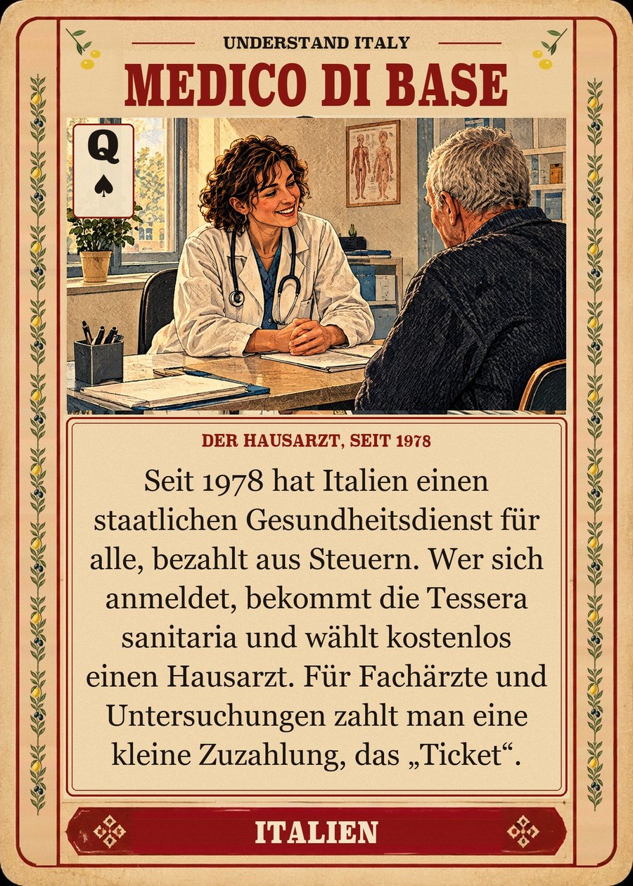 MEDICO DI BASE — der Hausarzt, seit 1978. Seit 1978 hat Italien einen staatlichen Gesundheitsdienst für alle, bezahlt aus Steuern. Wer sich anmeldet, bekommt die Tessera sanitaria und wählt kostenlos einen Hausarzt. Für Fachärzte und Untersuchungen zahlt man eine kleine Zuzahlung, das „Ticket“.