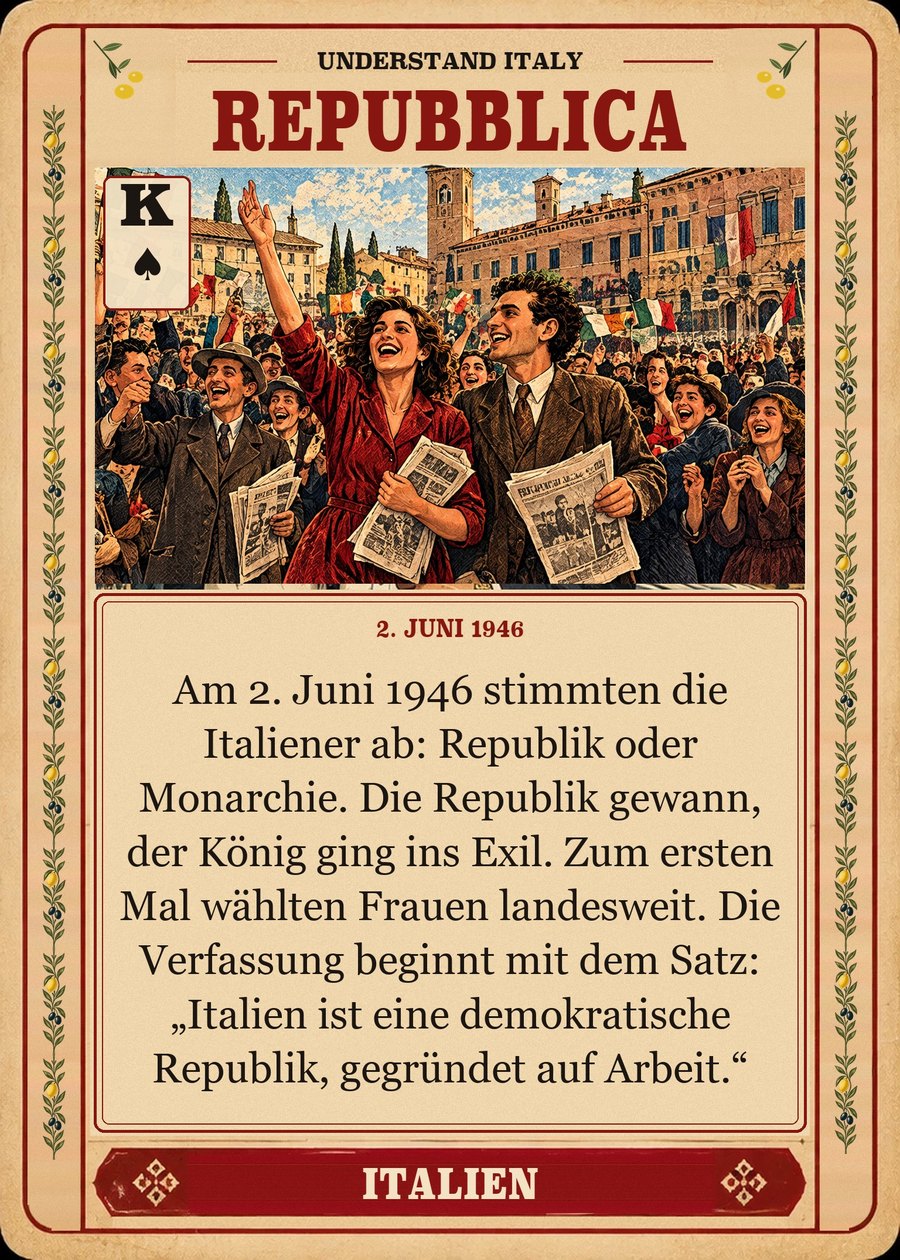 REPUBBLICA — 2. Juni 1946. Am 2. Juni 1946 stimmten die Italiener ab: Republik oder Monarchie. Die Republik gewann, der König ging ins Exil. Zum ersten Mal wählten Frauen landesweit. Die Verfassung beginnt mit dem Satz: „Italien ist eine demokratische Republik, gegründet auf Arbeit.“