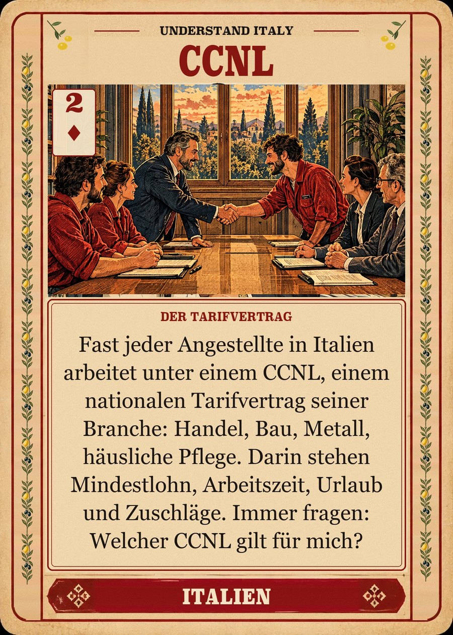 CCNL — der Tarifvertrag. Fast jeder Angestellte in Italien arbeitet unter einem CCNL, einem nationalen Tarifvertrag seiner Branche: Handel, Bau, Metall, häusliche Pflege. Darin stehen Mindestlohn, Arbeitszeit, Urlaub und Zuschläge. Immer fragen: Welcher CCNL gilt für mich?