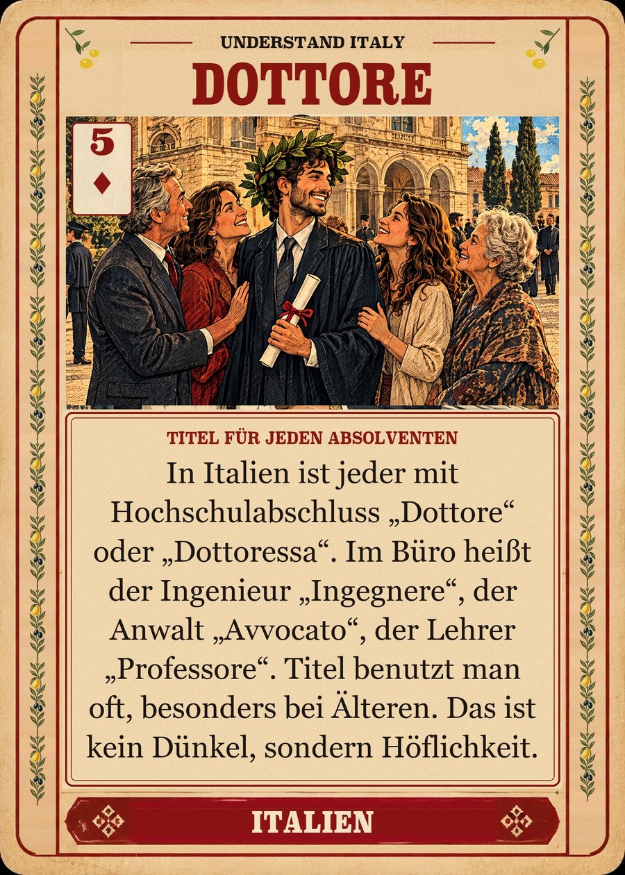 DOTTORE — Titel für jeden Absolventen. In Italien ist jeder mit Hochschulabschluss „Dottore“ oder „Dottoressa“. Im Büro heißt der Ingenieur „Ingegnere“, der Anwalt „Avvocato“, der Lehrer „Professore“. Titel benutzt man oft, besonders bei Älteren. Das ist kein Dünkel, sondern Höflichkeit.