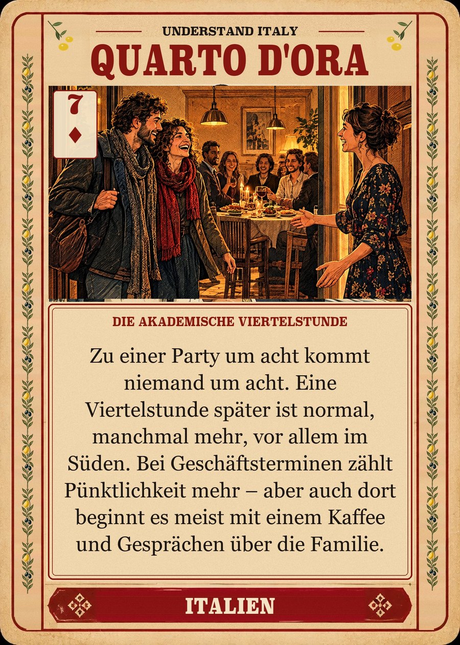 QUARTO D'ORA — die akademische Viertelstunde. Zu einer Party um acht kommt niemand um acht. Eine Viertelstunde später ist normal, manchmal mehr, vor allem im Süden. Bei Geschäftsterminen zählt Pünktlichkeit mehr – aber auch dort beginnt es meist mit einem Kaffee und Gesprächen über die Familie.
