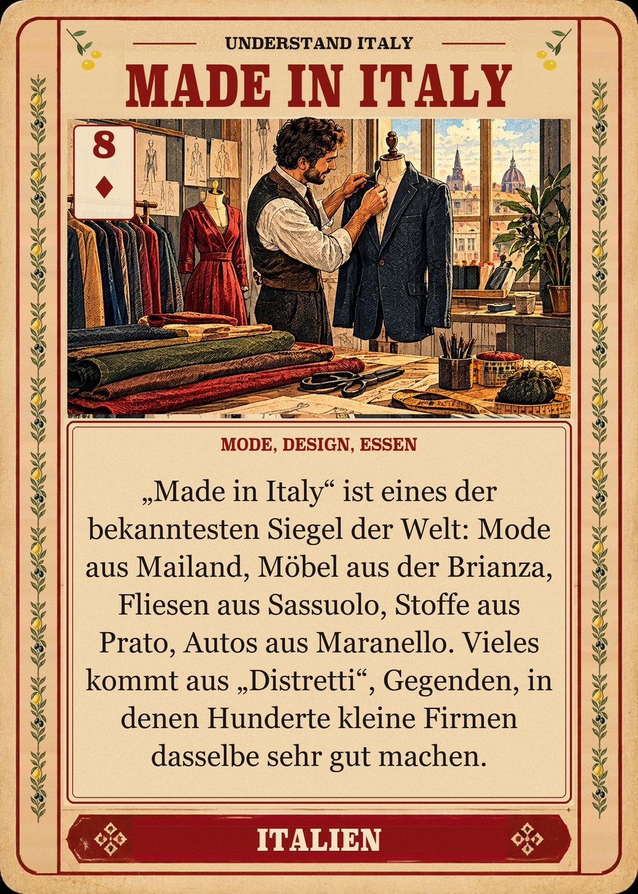 MADE IN ITALY — Mode, Design, Essen. „Made in Italy“ ist eines der bekanntesten Siegel der Welt: Mode aus Mailand, Möbel aus der Brianza, Fliesen aus Sassuolo, Stoffe aus Prato, Autos aus Maranello. Vieles kommt aus „Distretti“, Gegenden, in denen Hunderte kleine Firmen dasselbe sehr gut machen.