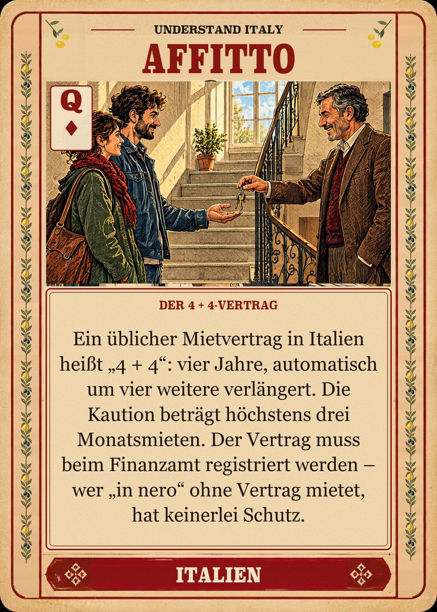 AFFITTO — der 4 + 4-Vertrag. Ein üblicher Mietvertrag in Italien heißt „4 + 4“: vier Jahre, automatisch um vier weitere verlängert. Die Kaution beträgt höchstens drei Monatsmieten. Der Vertrag muss beim Finanzamt registriert werden – wer „in nero“ ohne Vertrag mietet, hat keinerlei Schutz.