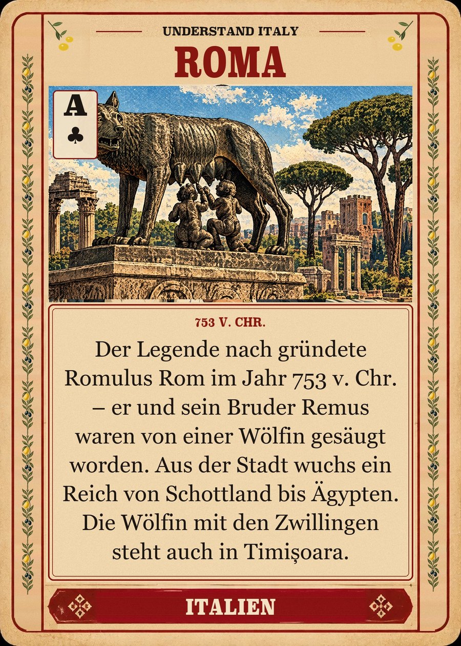 ROMA — 753 v. Chr.. Der Legende nach gründete Romulus Rom im Jahr 753 v. Chr. – er und sein Bruder Remus waren von einer Wölfin gesäugt worden. Aus der Stadt wuchs ein Reich von Schottland bis Ägypten. Die Wölfin mit den Zwillingen steht auch in Timișoara.