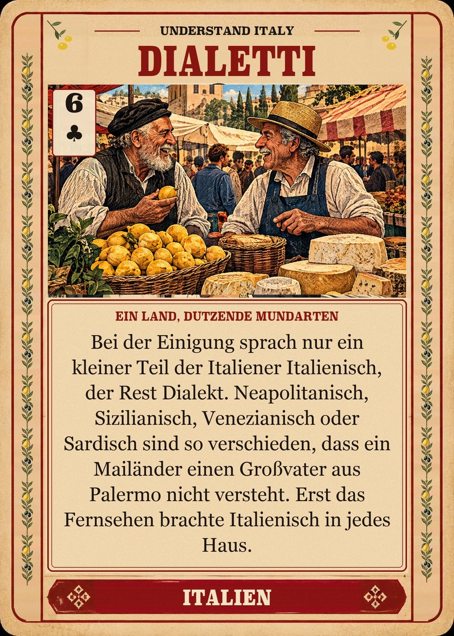 DIALETTI — ein Land, Dutzende Mundarten. Bei der Einigung sprach nur ein kleiner Teil der Italiener Italienisch, der Rest Dialekt. Neapolitanisch, Sizilianisch, Venezianisch oder Sardisch sind so verschieden, dass ein Mailänder einen Großvater aus Palermo nicht versteht. Erst das Fernsehen brachte Italienisch in jedes Haus.