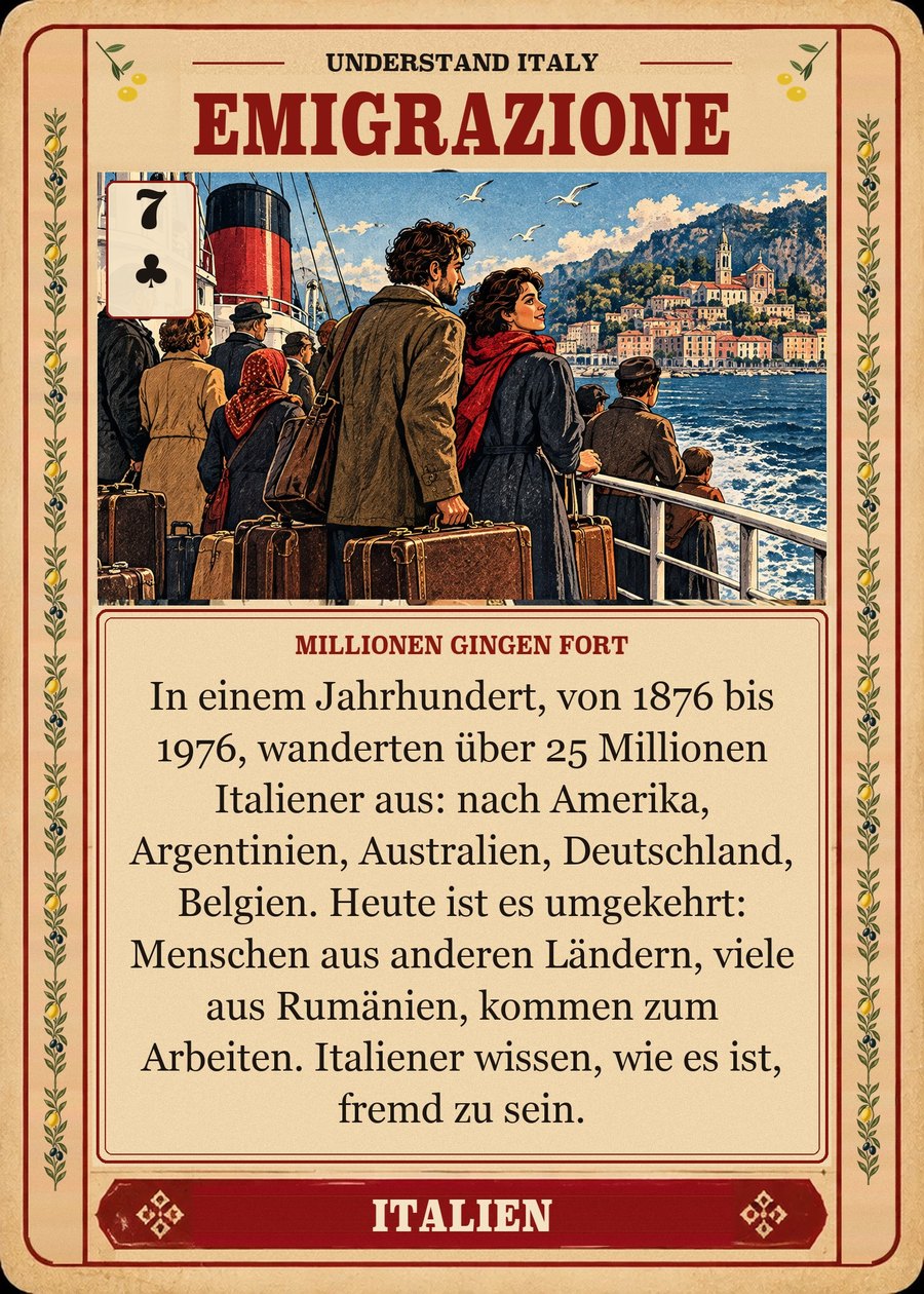 EMIGRAZIONE — Millionen gingen fort. In einem Jahrhundert, von 1876 bis 1976, wanderten über 25 Millionen Italiener aus: nach Amerika, Argentinien, Australien, Deutschland, Belgien. Heute ist es umgekehrt: Menschen aus anderen Ländern, viele aus Rumänien, kommen zum Arbeiten. Italiener wissen, wie es ist, fremd zu sein.