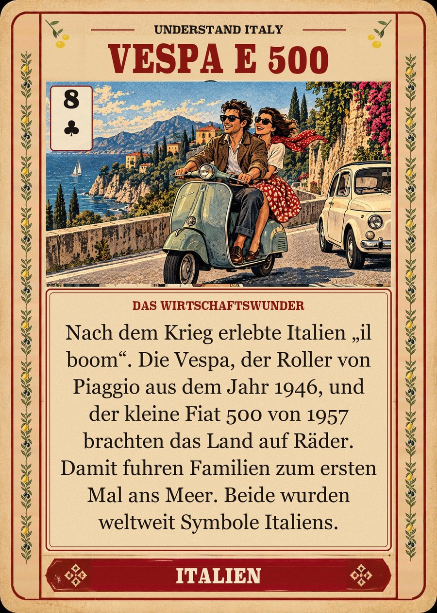 VESPA E 500 — das Wirtschaftswunder. Nach dem Krieg erlebte Italien „il boom“. Die Vespa, der Roller von Piaggio aus dem Jahr 1946, und der kleine Fiat 500 von 1957 brachten das Land auf Räder. Damit fuhren Familien zum ersten Mal ans Meer. Beide wurden weltweit Symbole Italiens.