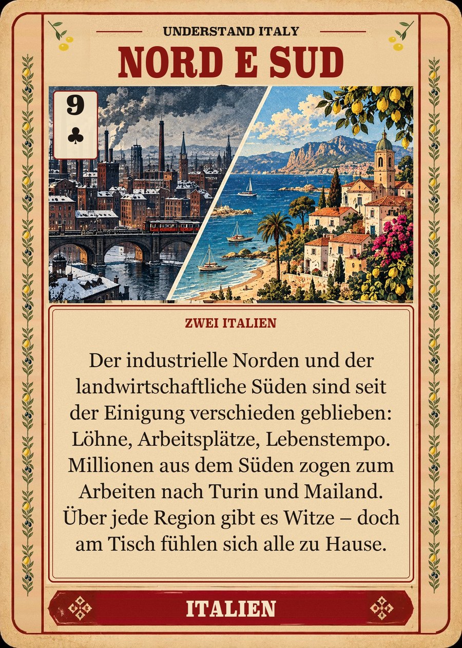 NORD E SUD — zwei Italien. Der industrielle Norden und der landwirtschaftliche Süden sind seit der Einigung verschieden geblieben: Löhne, Arbeitsplätze, Lebenstempo. Millionen aus dem Süden zogen zum Arbeiten nach Turin und Mailand. Über jede Region gibt es Witze – doch am Tisch fühlen sich alle zu Hause.