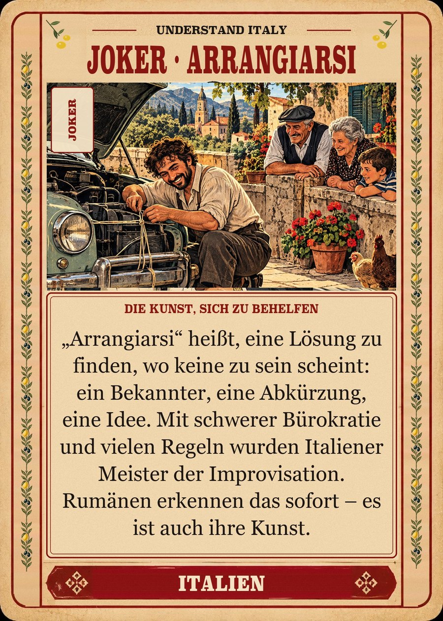 JOKER · ARRANGIARSI — die Kunst, sich zu behelfen. „Arrangiarsi“ heißt, eine Lösung zu finden, wo keine zu sein scheint: ein Bekannter, eine Abkürzung, eine Idee. Mit schwerer Bürokratie und vielen Regeln wurden Italiener Meister der Improvisation. Rumänen erkennen das sofort – es ist auch ihre Kunst.