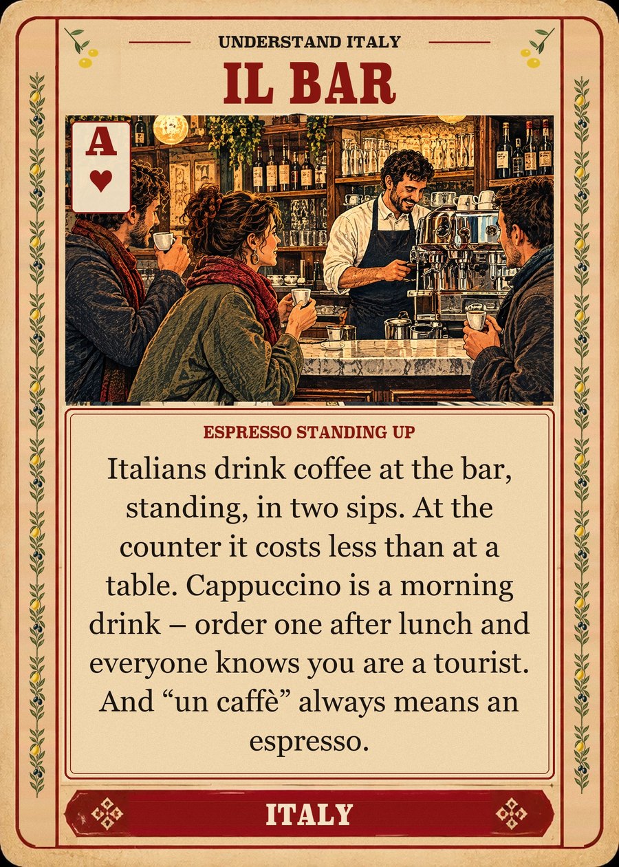 IL BAR — espresso standing up. Italians drink coffee at the bar, standing, in two sips. At the counter it costs less than at a table. Cappuccino is a morning drink – order one after lunch and everyone knows you are a tourist. And “un caffè” always means an espresso.