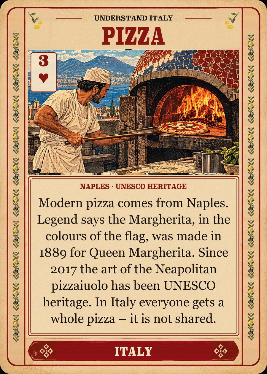 PIZZA — Naples · UNESCO heritage. Modern pizza comes from Naples. Legend says the Margherita, in the colours of the flag, was made in 1889 for Queen Margherita. Since 2017 the art of the Neapolitan pizzaiuolo has been UNESCO heritage. In Italy everyone gets a whole pizza – it is not shared.