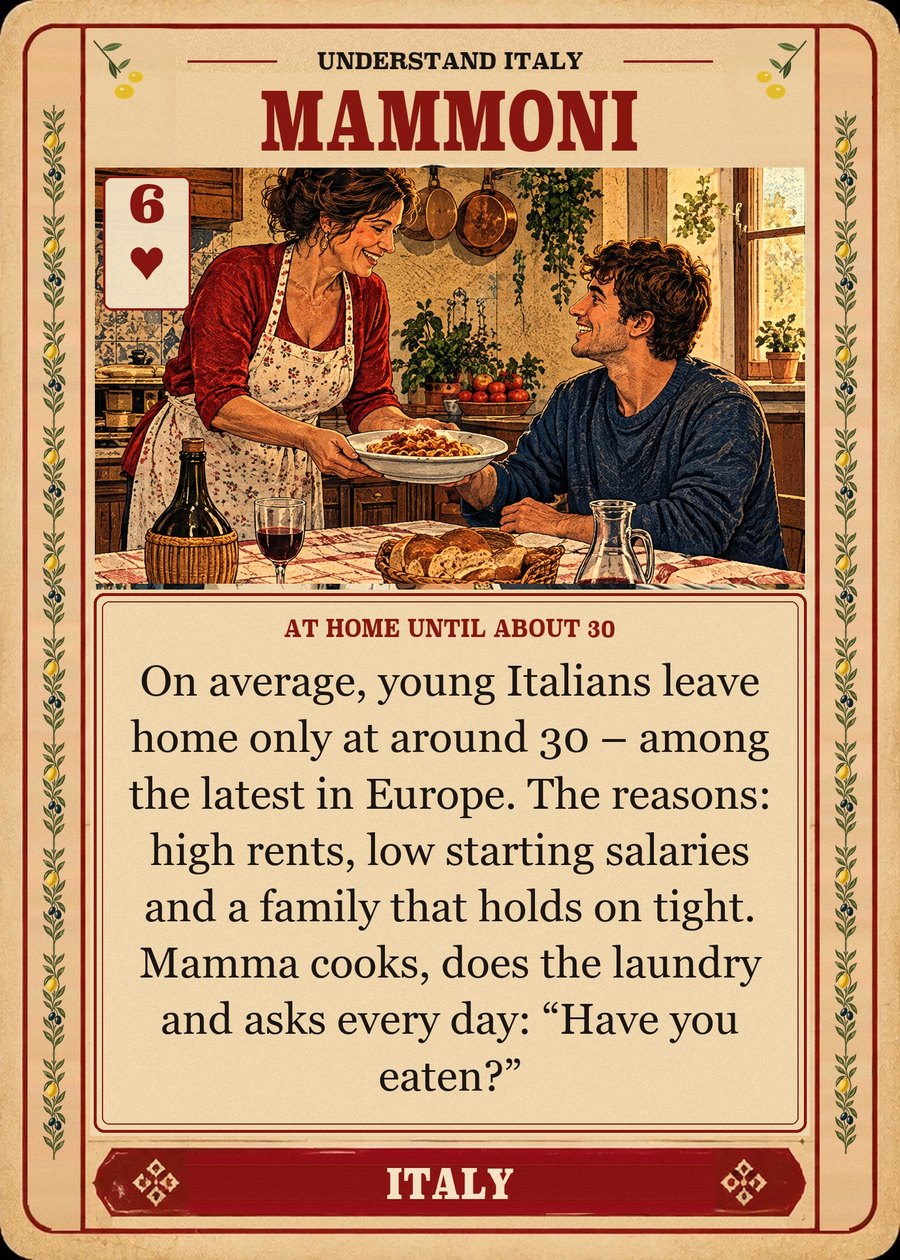 MAMMONI — at home until about 30. On average, young Italians leave home only at around 30 – among the latest in Europe. The reasons: high rents, low starting salaries and a family that holds on tight. Mamma cooks, does the laundry and asks every day: “Have you eaten?”