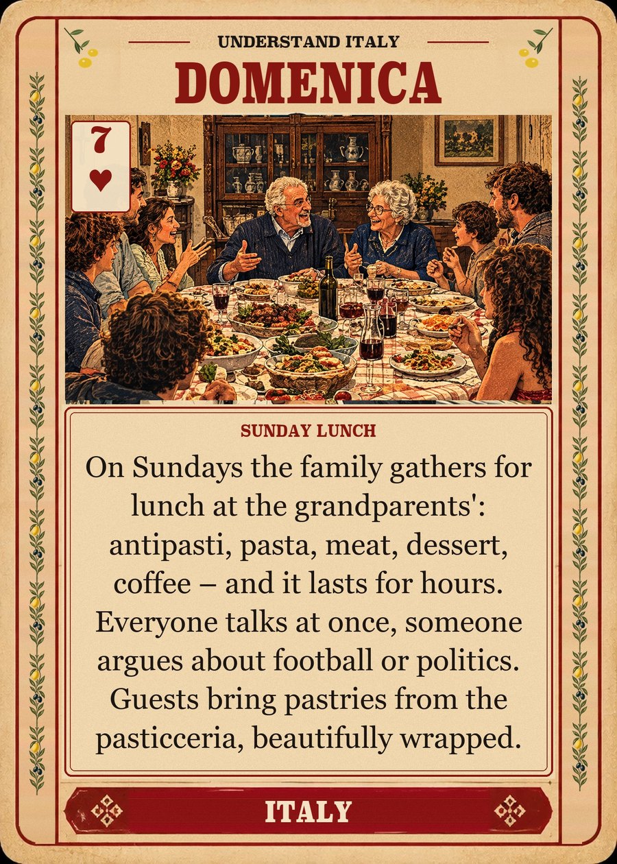DOMENICA — Sunday lunch. On Sundays the family gathers for lunch at the grandparents': antipasti, pasta, meat, dessert, coffee – and it lasts for hours. Everyone talks at once, someone argues about football or politics. Guests bring pastries from the pasticceria, beautifully wrapped.