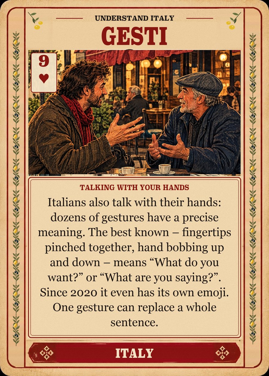 GESTI — talking with your hands. Italians also talk with their hands: dozens of gestures have a precise meaning. The best known – fingertips pinched together, hand bobbing up and down – means “What do you want?” or “What are you saying?”. Since 2020 it even has its own emoji. One gesture can replace a whole sentence.