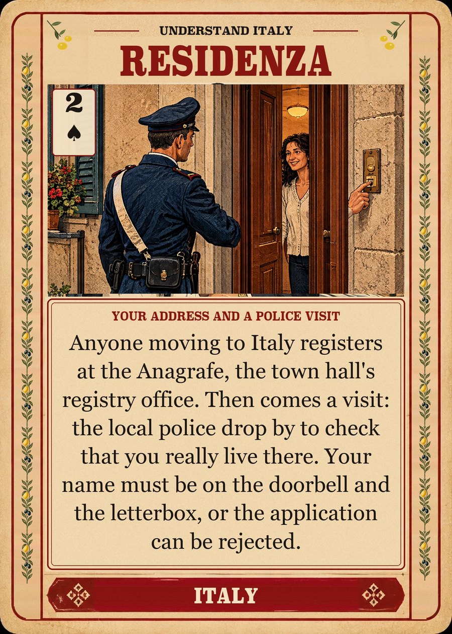RESIDENZA — your address and a police visit. Anyone moving to Italy registers at the Anagrafe, the town hall's registry office. Then comes a visit: the local police drop by to check that you really live there. Your name must be on the doorbell and the letterbox, or the application can be rejected.