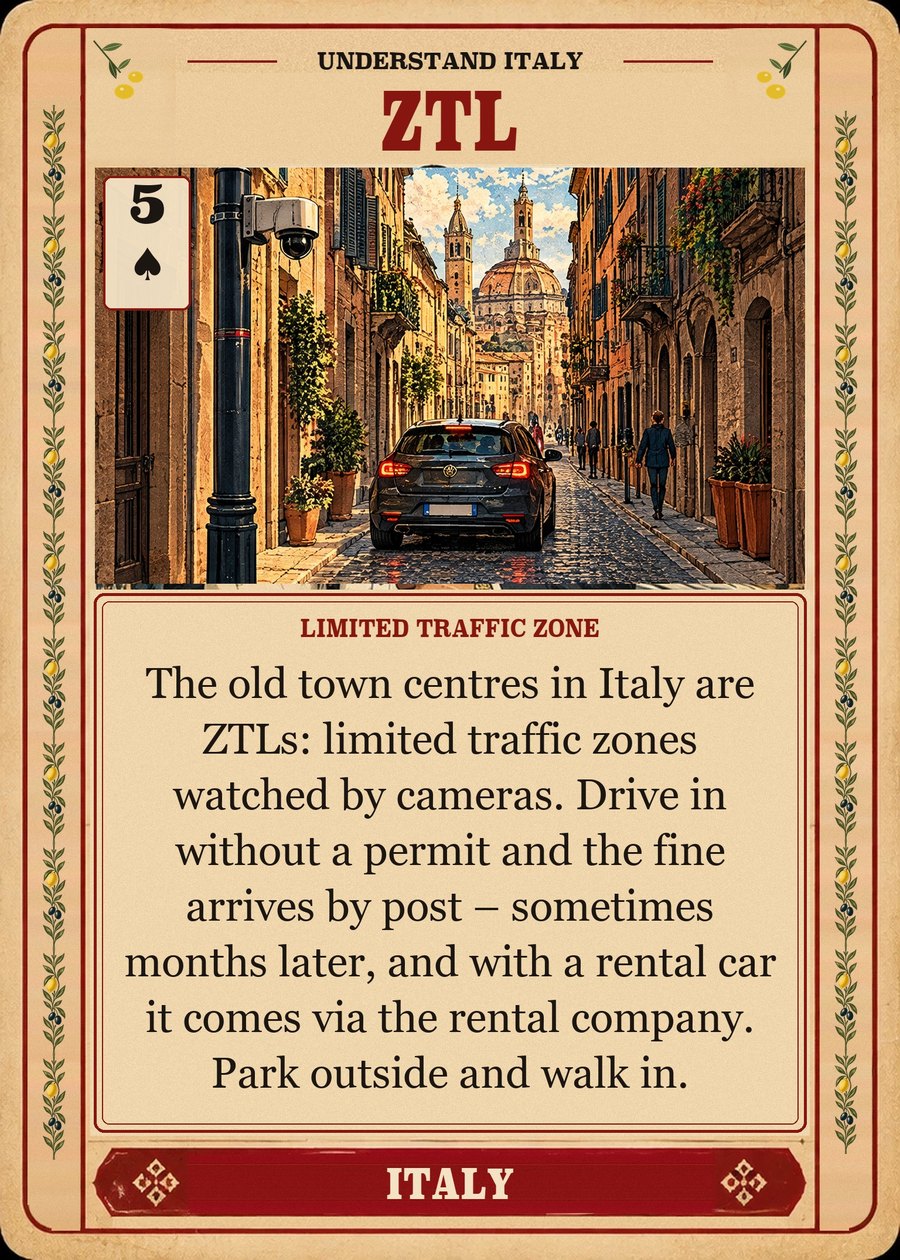 ZTL — limited traffic zone. The old town centres in Italy are ZTLs: limited traffic zones watched by cameras. Drive in without a permit and the fine arrives by post – sometimes months later, and with a rental car it comes via the rental company. Park outside and walk in.