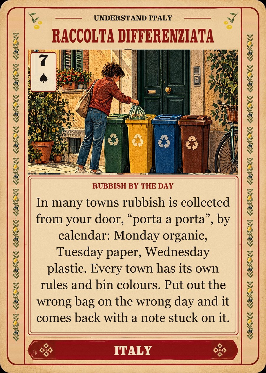RACCOLTA DIFFERENZIATA — rubbish by the day. In many towns rubbish is collected from your door, “porta a porta”, by calendar: Monday organic, Tuesday paper, Wednesday plastic. Every town has its own rules and bin colours. Put out the wrong bag on the wrong day and it comes back with a note stuck on it.