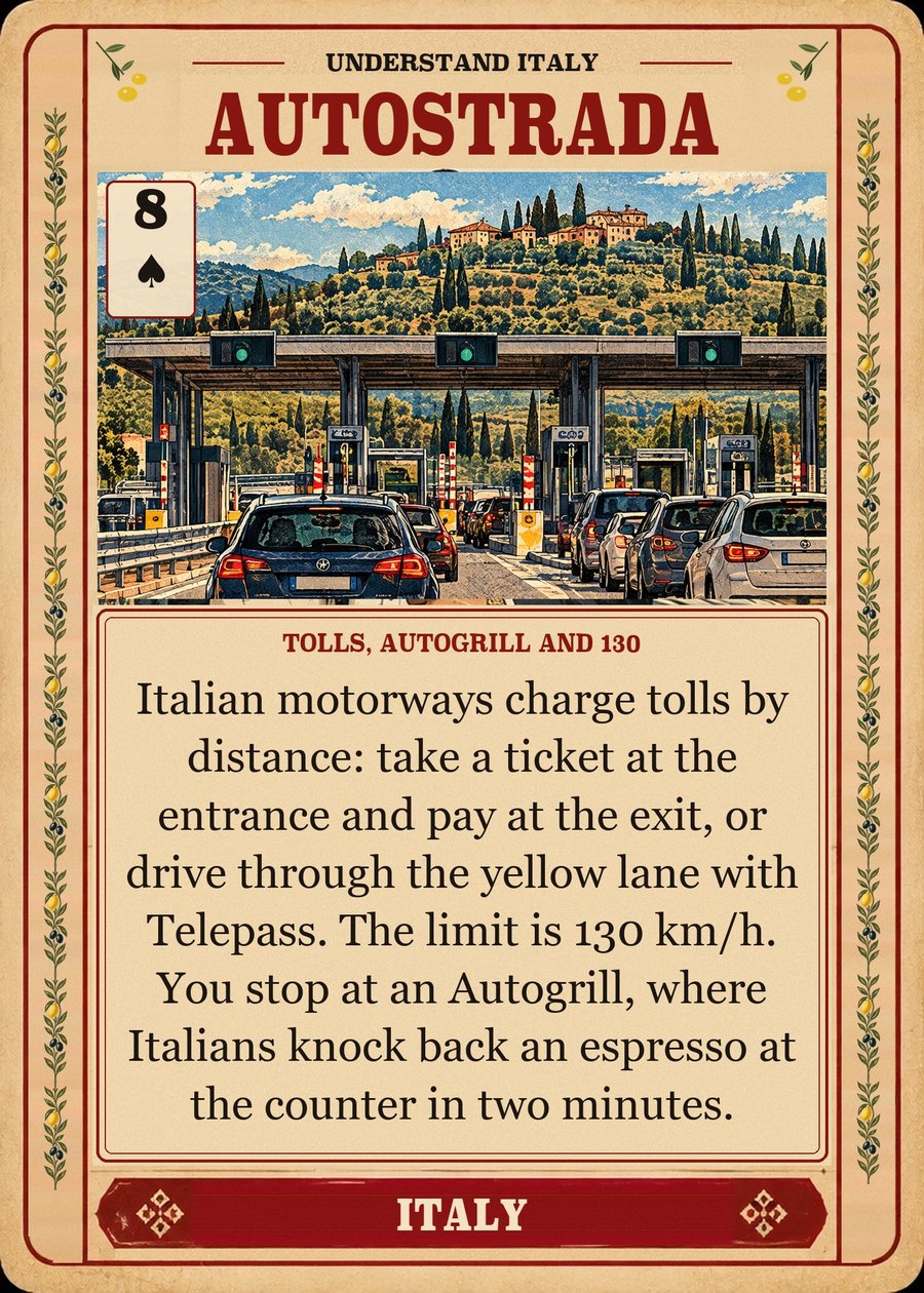 AUTOSTRADA — tolls, Autogrill and 130. Italian motorways charge tolls by distance: take a ticket at the entrance and pay at the exit, or drive through the yellow lane with Telepass. The limit is 130 km/h. You stop at an Autogrill, where Italians knock back an espresso at the counter in two minutes.