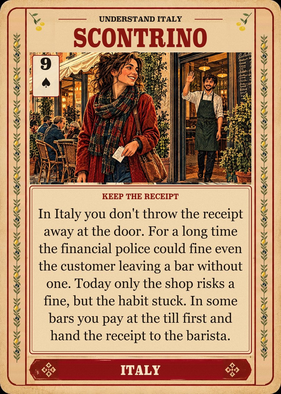 SCONTRINO — keep the receipt. In Italy you don't throw the receipt away at the door. For a long time the financial police could fine even the customer leaving a bar without one. Today only the shop risks a fine, but the habit stuck. In some bars you pay at the till first and hand the receipt to the barista.
