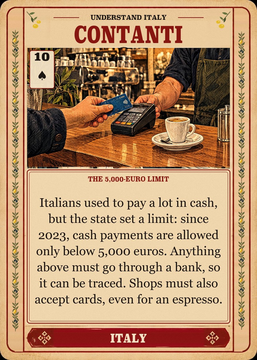 CONTANTI — the 5,000-euro limit. Italians used to pay a lot in cash, but the state set a limit: since 2023, cash payments are allowed only below 5,000 euros. Anything above must go through a bank, so it can be traced. Shops must also accept cards, even for an espresso.