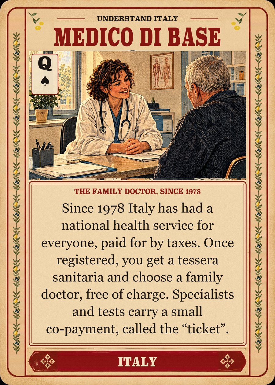 MEDICO DI BASE — the family doctor, since 1978. Since 1978 Italy has had a national health service for everyone, paid for by taxes. Once registered, you get a tessera sanitaria and choose a family doctor, free of charge. Specialists and tests carry a small co-payment, called the “ticket”.