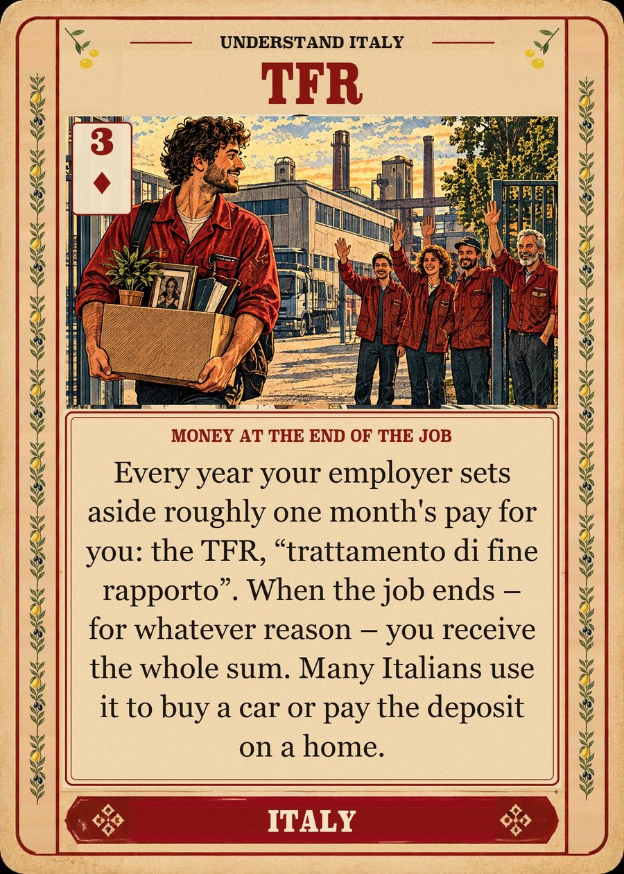 TFR — money at the end of the job. Every year your employer sets aside roughly one month's pay for you: the TFR, “trattamento di fine rapporto”. When the job ends – for whatever reason – you receive the whole sum. Many Italians use it to buy a car or pay the deposit on a home.