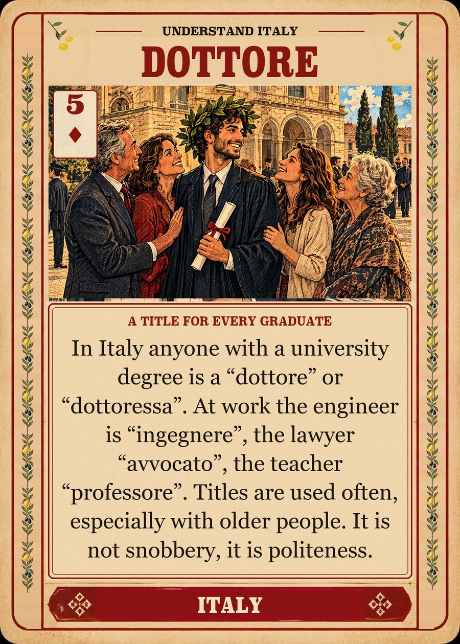DOTTORE — a title for every graduate. In Italy anyone with a university degree is a “dottore” or “dottoressa”. At work the engineer is “ingegnere”, the lawyer “avvocato”, the teacher “professore”. Titles are used often, especially with older people. It is not snobbery, it is politeness.