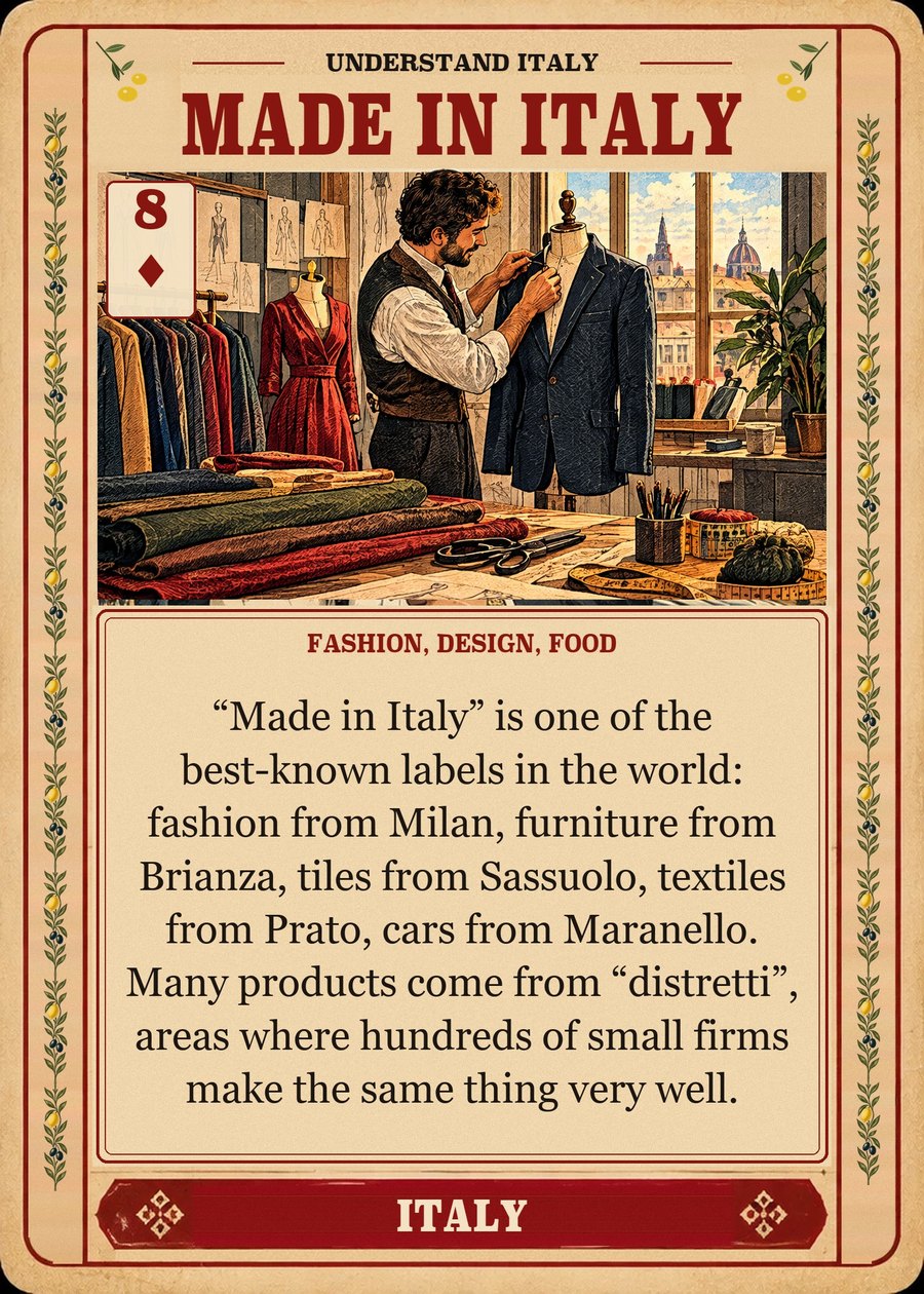 MADE IN ITALY — fashion, design, food. “Made in Italy” is one of the best-known labels in the world: fashion from Milan, furniture from Brianza, tiles from Sassuolo, textiles from Prato, cars from Maranello. Many products come from “distretti”, areas where hundreds of small firms make the same thing very well.