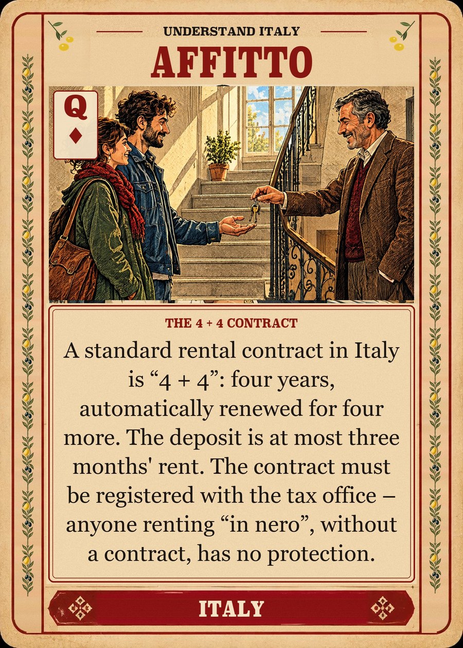 AFFITTO — the 4 + 4 contract. A standard rental contract in Italy is “4 + 4”: four years, automatically renewed for four more. The deposit is at most three months' rent. The contract must be registered with the tax office – anyone renting “in nero”, without a contract, has no protection.