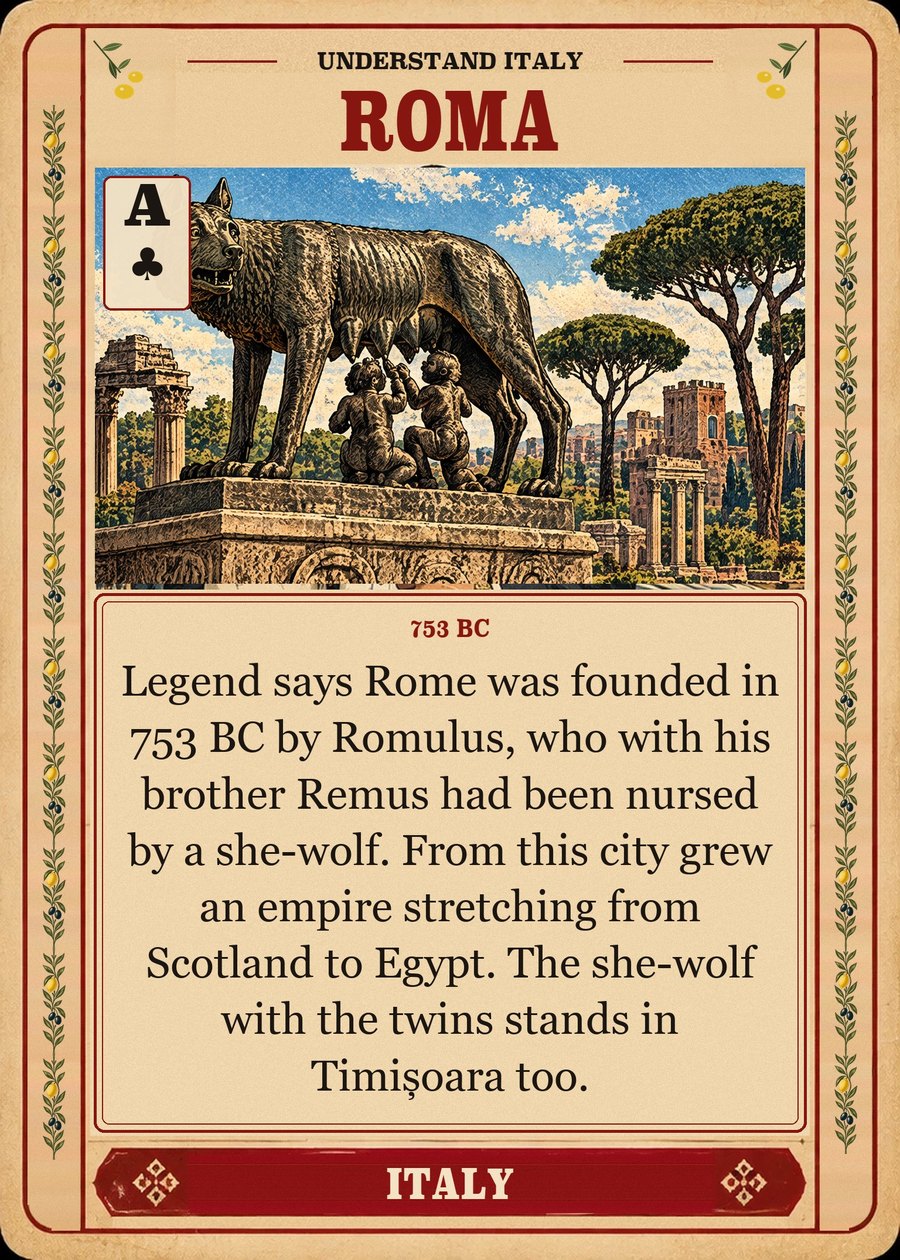 ROMA — 753 BC. Legend says Rome was founded in 753 BC by Romulus, who with his brother Remus had been nursed by a she-wolf. From this city grew an empire stretching from Scotland to Egypt. The she-wolf with the twins stands in Timișoara too.
