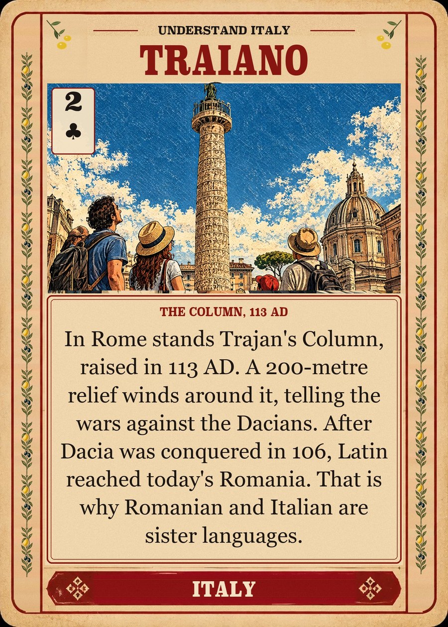 TRAIANO — the Column, 113 AD. In Rome stands Trajan's Column, raised in 113 AD. A 200-metre relief winds around it, telling the wars against the Dacians. After Dacia was conquered in 106, Latin reached today's Romania. That is why Romanian and Italian are sister languages.