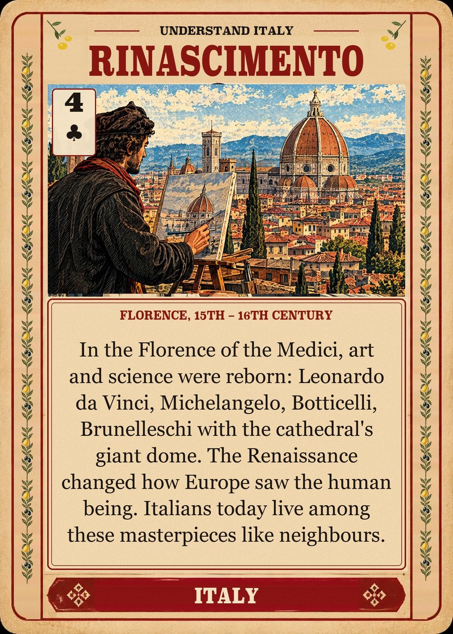 RINASCIMENTO — Florence, 15th – 16th century. In the Florence of the Medici, art and science were reborn: Leonardo da Vinci, Michelangelo, Botticelli, Brunelleschi with the cathedral's giant dome. The Renaissance changed how Europe saw the human being. Italians today live among these masterpieces like neighbours.