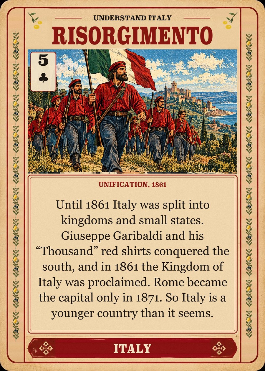 RISORGIMENTO — unification, 1861. Until 1861 Italy was split into kingdoms and small states. Giuseppe Garibaldi and his “Thousand” red shirts conquered the south, and in 1861 the Kingdom of Italy was proclaimed. Rome became the capital only in 1871. So Italy is a younger country than it seems.