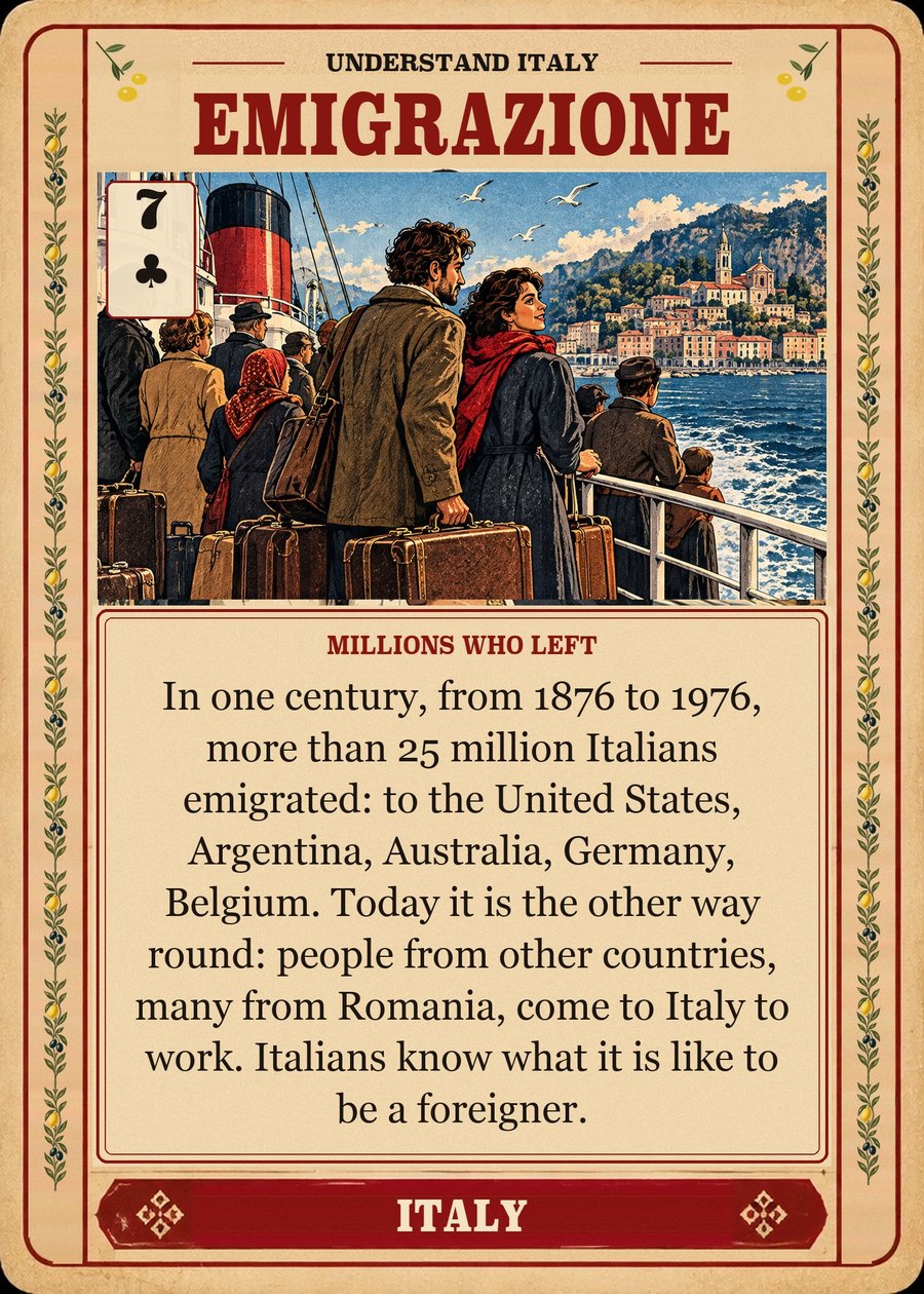 EMIGRAZIONE — millions who left. In one century, from 1876 to 1976, more than 25 million Italians emigrated: to the United States, Argentina, Australia, Germany, Belgium. Today it is the other way round: people from other countries, many from Romania, come to Italy to work. Italians know what it is like to be a foreigner.