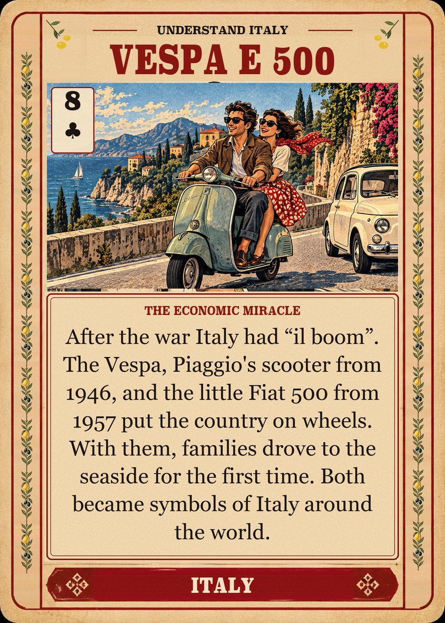 VESPA E 500 — the economic miracle. After the war Italy had “il boom”. The Vespa, Piaggio's scooter from 1946, and the little Fiat 500 from 1957 put the country on wheels. With them, families drove to the seaside for the first time. Both became symbols of Italy around the world.
