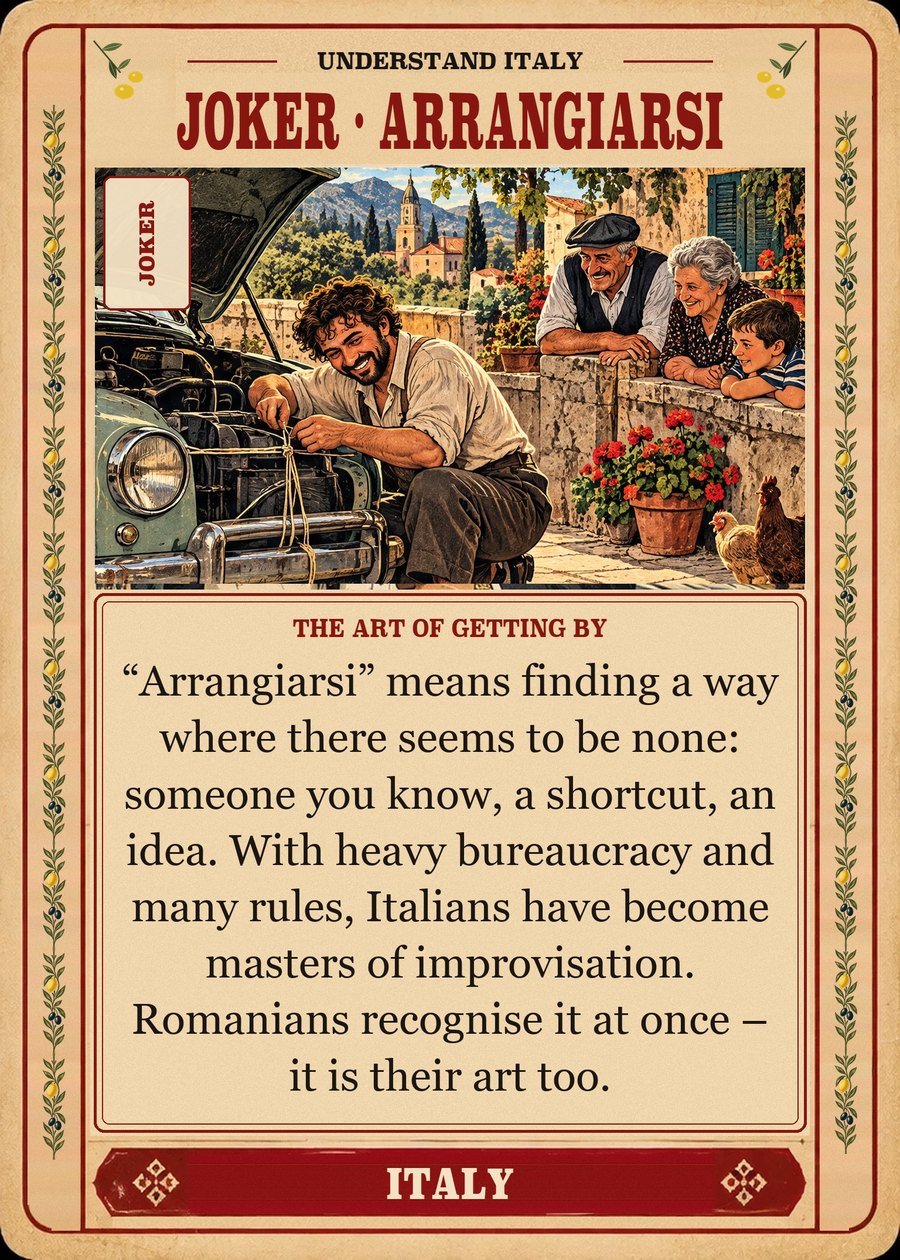 JOKER · ARRANGIARSI — the art of getting by. “Arrangiarsi” means finding a way where there seems to be none: someone you know, a shortcut, an idea. With heavy bureaucracy and many rules, Italians have become masters of improvisation. Romanians recognise it at once – it is their art too.
