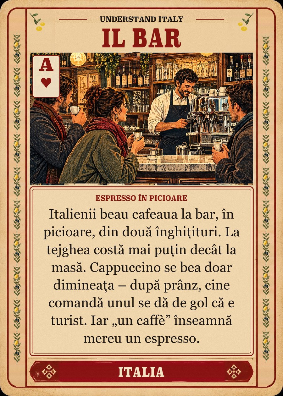IL BAR — espresso în picioare. Italienii beau cafeaua la bar, în picioare, din două înghițituri. La tejghea costă mai puțin decât la masă. Cappuccino se bea doar dimineața – după prânz, cine comandă unul se dă de gol că e turist. Iar „un caffè” înseamnă mereu un espresso.
