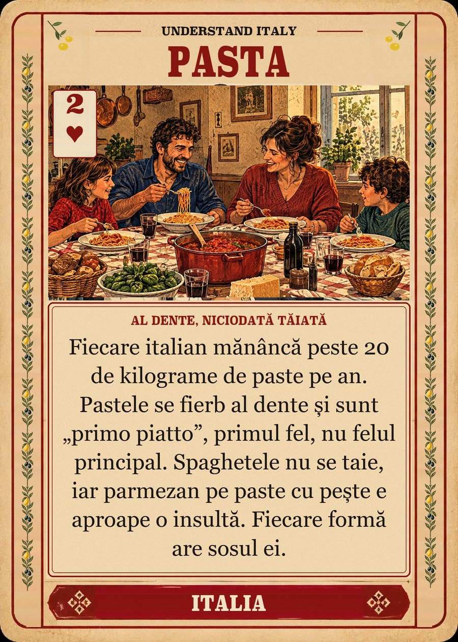 PASTA — al dente, niciodată tăiată. Fiecare italian mănâncă peste 20 de kilograme de paste pe an. Pastele se fierb al dente și sunt „primo piatto”, primul fel, nu felul principal. Spaghetele nu se taie, iar parmezan pe paste cu pește e aproape o insultă. Fiecare formă are sosul ei.