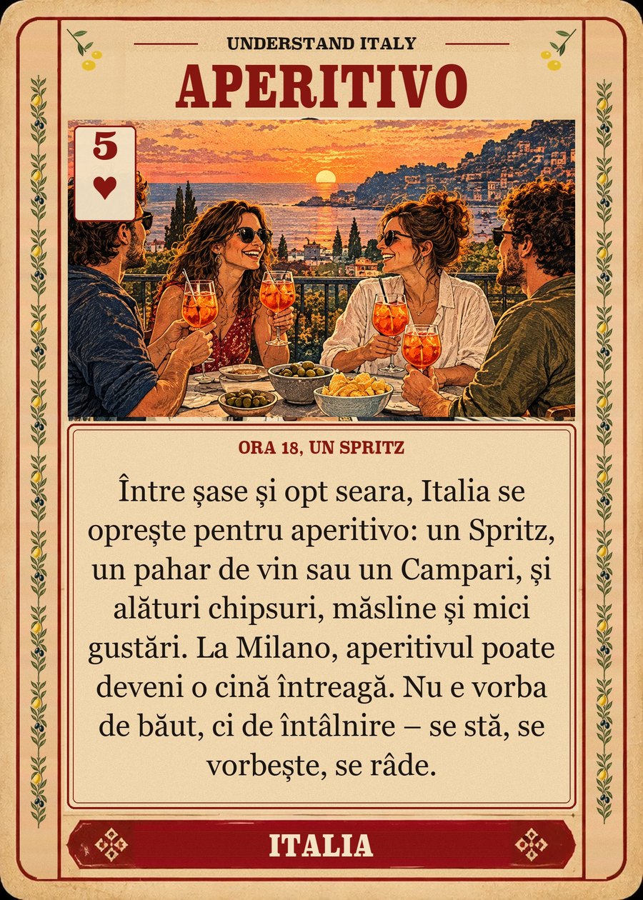 APERITIVO — ora 18, un Spritz. Între șase și opt seara, Italia se oprește pentru aperitivo: un Spritz, un pahar de vin sau un Campari, și alături chipsuri, măsline și mici gustări. La Milano, aperitivul poate deveni o cină întreagă. Nu e vorba de băut, ci de întâlnire – se stă, se vorbește, se râde.