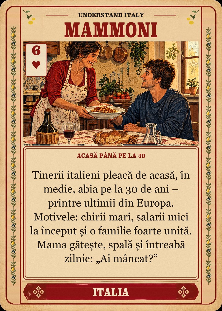MAMMONI — acasă până pe la 30. Tinerii italieni pleacă de acasă, în medie, abia pe la 30 de ani – printre ultimii din Europa. Motivele: chirii mari, salarii mici la început și o familie foarte unită. Mama gătește, spală și întreabă zilnic: „Ai mâncat?”