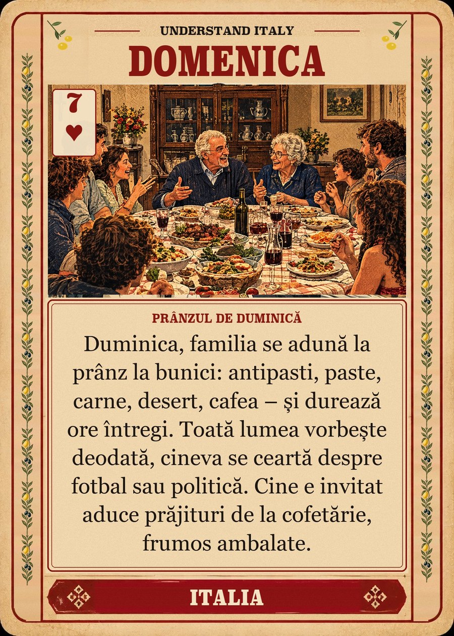 DOMENICA — prânzul de duminică. Duminica, familia se adună la prânz la bunici: antipasti, paste, carne, desert, cafea – și durează ore întregi. Toată lumea vorbește deodată, cineva se ceartă despre fotbal sau politică. Cine e invitat aduce prăjituri de la cofetărie, frumos ambalate.