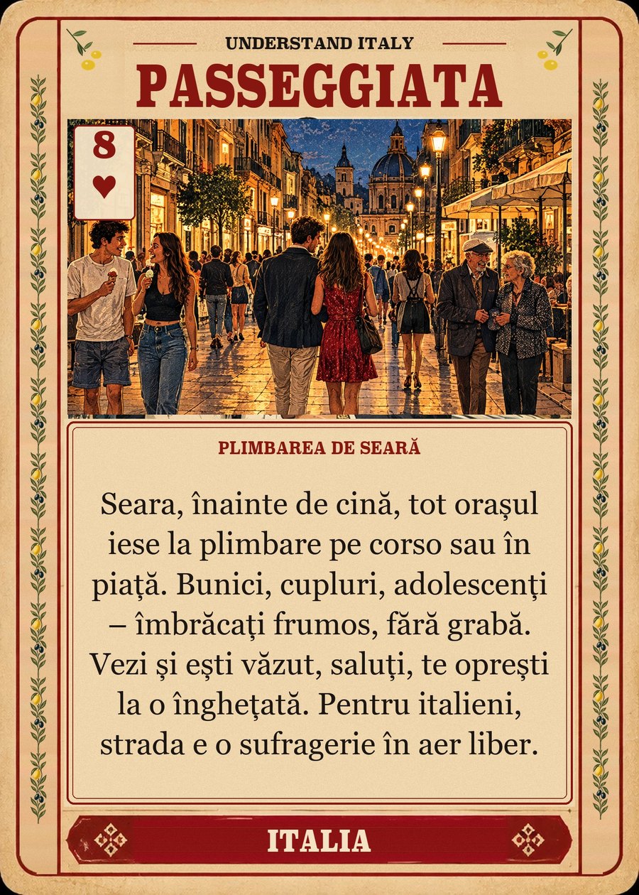 PASSEGGIATA — plimbarea de seară. Seara, înainte de cină, tot orașul iese la plimbare pe corso sau în piață. Bunici, cupluri, adolescenți – îmbrăcați frumos, fără grabă. Vezi și ești văzut, saluți, te oprești la o înghețată. Pentru italieni, strada e o sufragerie în aer liber.