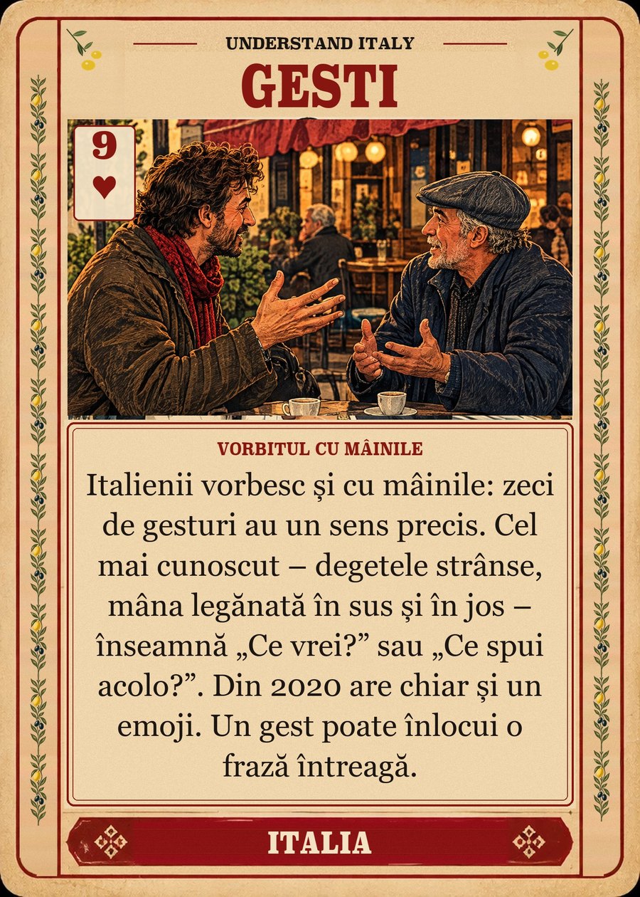 GESTI — vorbitul cu mâinile. Italienii vorbesc și cu mâinile: zeci de gesturi au un sens precis. Cel mai cunoscut – degetele strânse, mâna legănată în sus și în jos – înseamnă „Ce vrei?” sau „Ce spui acolo?”. Din 2020 are chiar și un emoji. Un gest poate înlocui o frază întreagă.