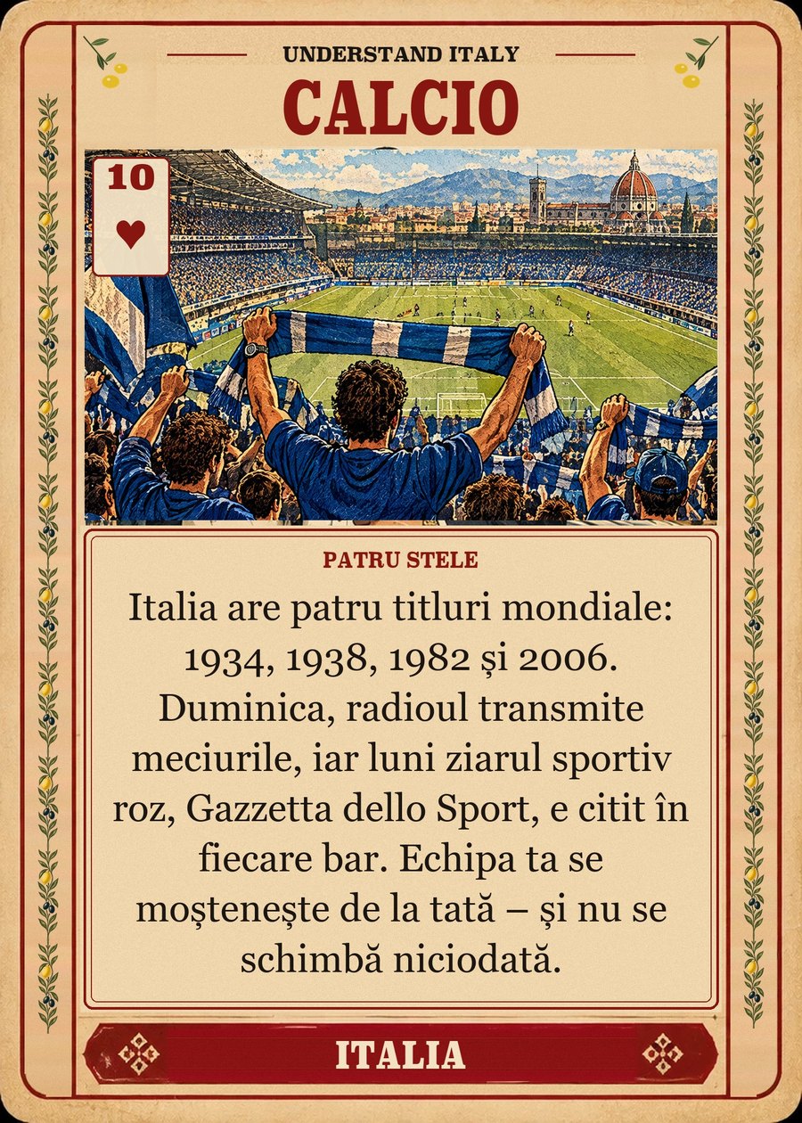 CALCIO — patru stele. Italia are patru titluri mondiale: 1934, 1938, 1982 și 2006. Duminica, radioul transmite meciurile, iar luni ziarul sportiv roz, Gazzetta dello Sport, e citit în fiecare bar. Echipa ta se moștenește de la tată – și nu se schimbă niciodată.