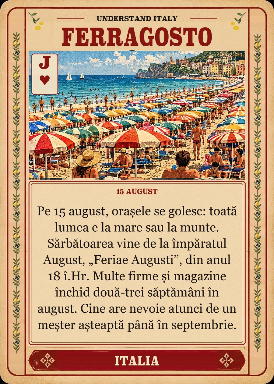 FERRAGOSTO — 15 august. Pe 15 august, orașele se golesc: toată lumea e la mare sau la munte. Sărbătoarea vine de la împăratul August, „Feriae Augusti”, din anul 18 î.Hr. Multe firme și magazine închid două-trei săptămâni în august. Cine are nevoie atunci de un meșter așteaptă până în septembrie.