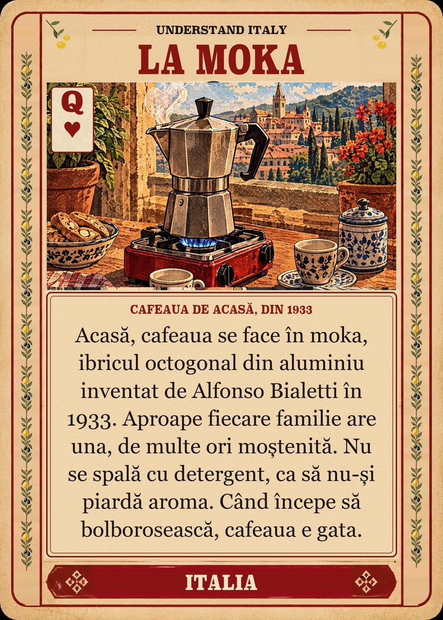 LA MOKA — cafeaua de acasă, din 1933. Acasă, cafeaua se face în moka, ibricul octogonal din aluminiu inventat de Alfonso Bialetti în 1933. Aproape fiecare familie are una, de multe ori moștenită. Nu se spală cu detergent, ca să nu-și piardă aroma. Când începe să bolborosească, cafeaua e gata.