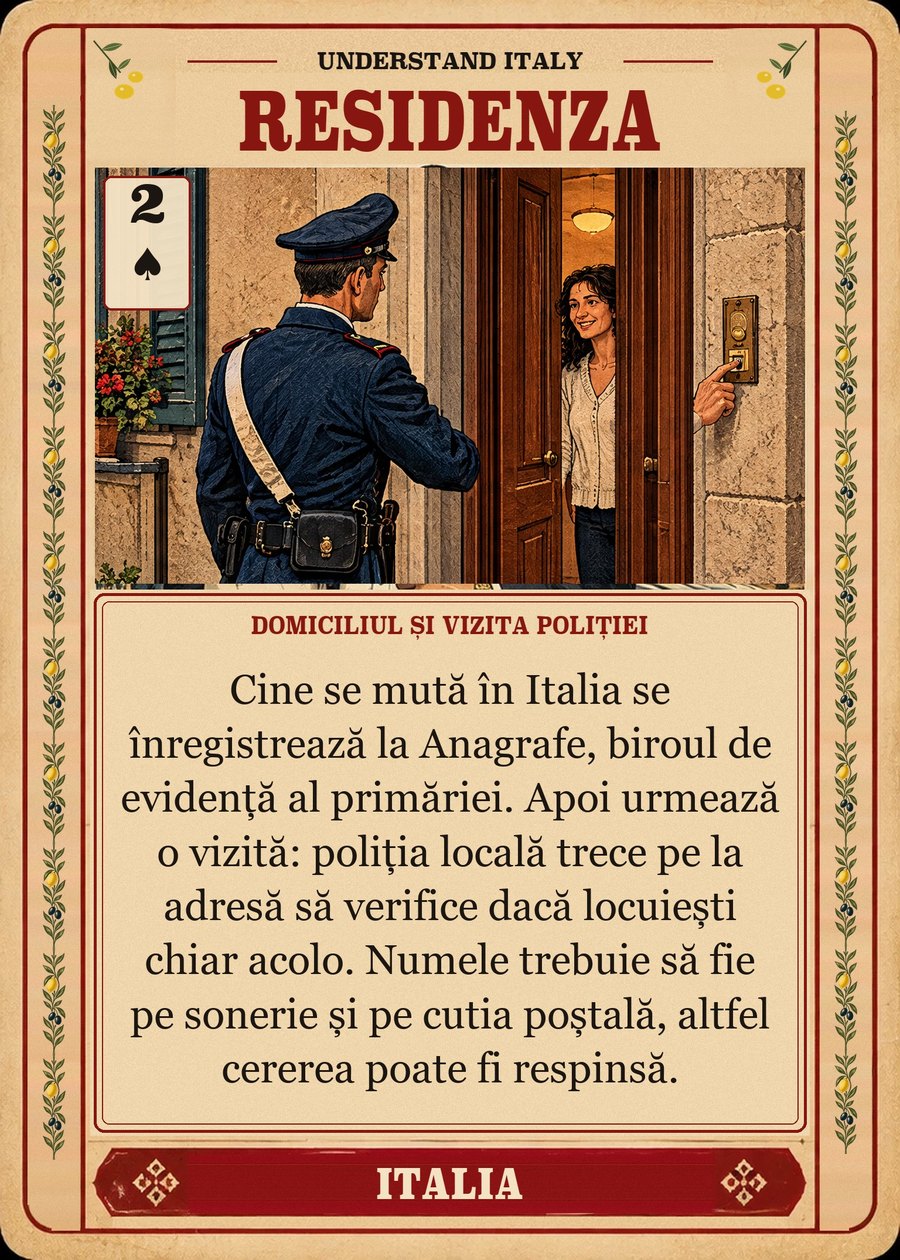 RESIDENZA — domiciliul și vizita poliției. Cine se mută în Italia se înregistrează la Anagrafe, biroul de evidență al primăriei. Apoi urmează o vizită: poliția locală trece pe la adresă să verifice dacă locuiești chiar acolo. Numele trebuie să fie pe sonerie și pe cutia poștală, altfel cererea poate fi respinsă.